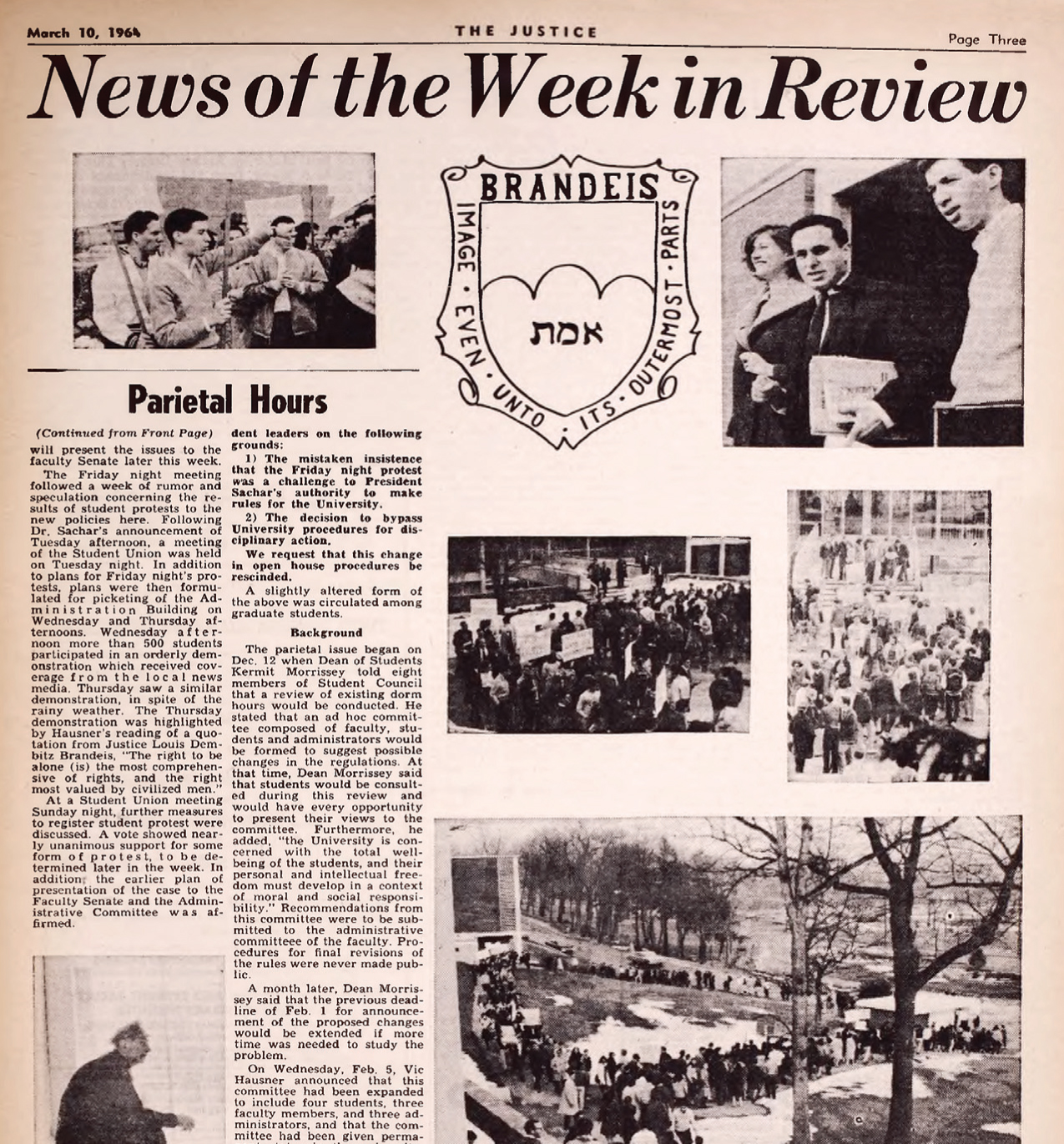 SEEDS OF CHANGE: The March 10, 1964, issue of The Justice covered the student protests prompted by Sachar's open-door edict.
